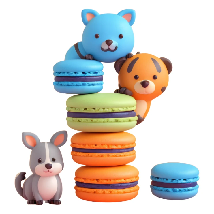 A blue macaron with a blueberry on top, two animals peeking out, light blue background with white stars, detailed texture sticker