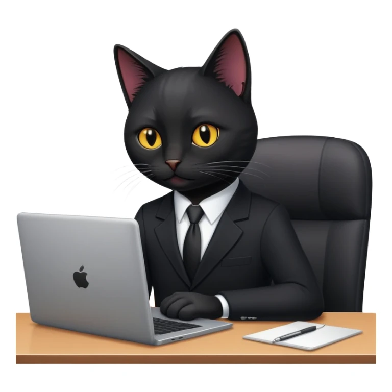 Black cat in a black business suit in an office with laptop sticker