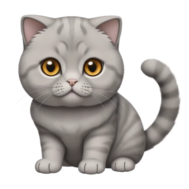  Cinematic-Scottish-Fold-Cat-Realistic-Full-Body-Sitting-Emoji – Tail curled playfully around its paws, head tilted dramatically, soft solid grey fur, signature folded ears adding to its distinctive charm, simplified yet realistic focused features, highly detailed, glowing with an almost sarcastic glow, round amber eyes radiating intelligence and mischief. sticker