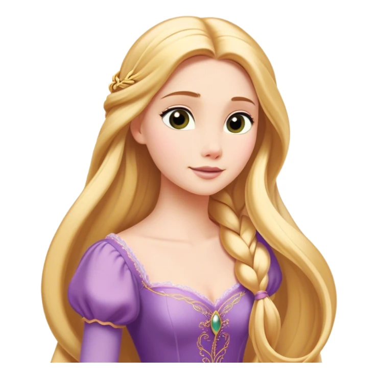 Cinematic Timeless Rapunzel Portrait Emoji, rendered in a clean, vector style. Depict Rapunzel with porcelain skin, beautifully styled long golden hair, and a serene, graceful expression, dressed in her classic gown. The design features bold, clean lines, a soft, magical glow, and a subtle glowing outline that captures her timeless, fairy-tale beauty. sticker