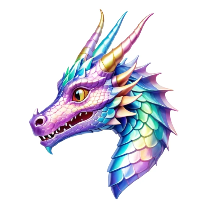 Sparkly glossy Pastel iridescent glass dragon head profile, 2 horns sticker