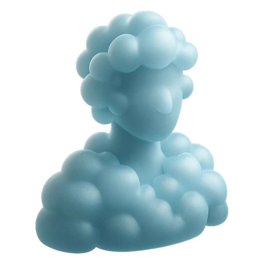 person from shoulders up, front view, fully composed of bright, puffy clouds, matte glass style sticker