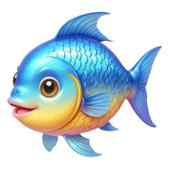 extremely cute, detailed fish, shiny plastic look, tiny body, huge sparkling eyes with highlights, friendly smile, fine scale texture, soft pastel colors with bright accents, small accessories like hearts, detailed shading sticker