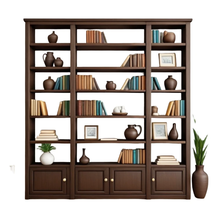 Wooden shelving unit with books and decorative items sticker
