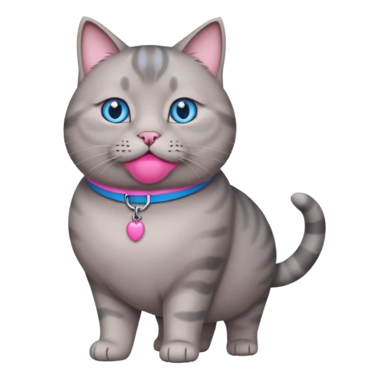 A fat grey cat with a pink collar and walking and looking at u with blue eyes sticker