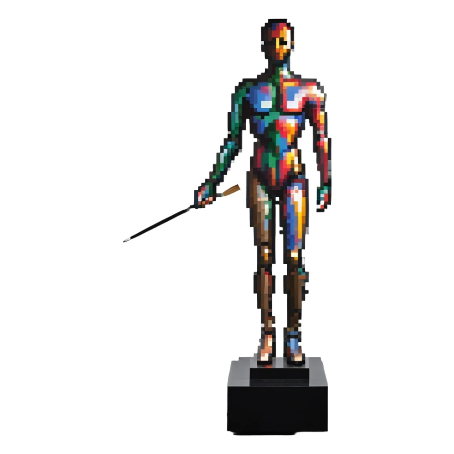 A paintbrush transforming into a metallic human silhouette sculpture, with museum-like display pedestal, symbol of artistic identity sticker