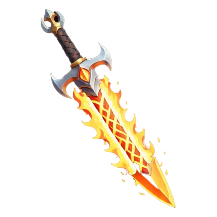fire guardian sword object icon, flaming blade, glowing lava runes, ember sparks, fantasy weapon, 3D cartoon, mobile game icon style, centered, clean background, no text, no watermark
 sticker
