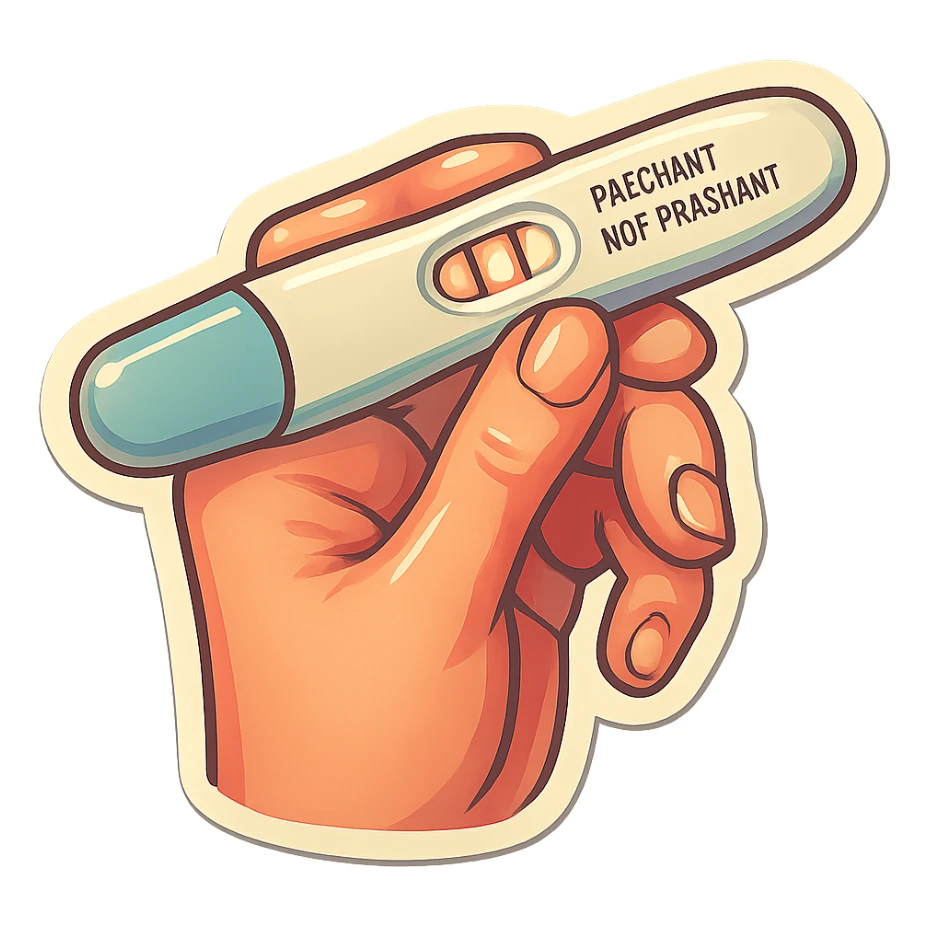 pregnancy test in hand, retro stickers style, soft rounded shapes, expressive contours, vintage color palette, light paper texture, shadows and highlights, transparent background sticker