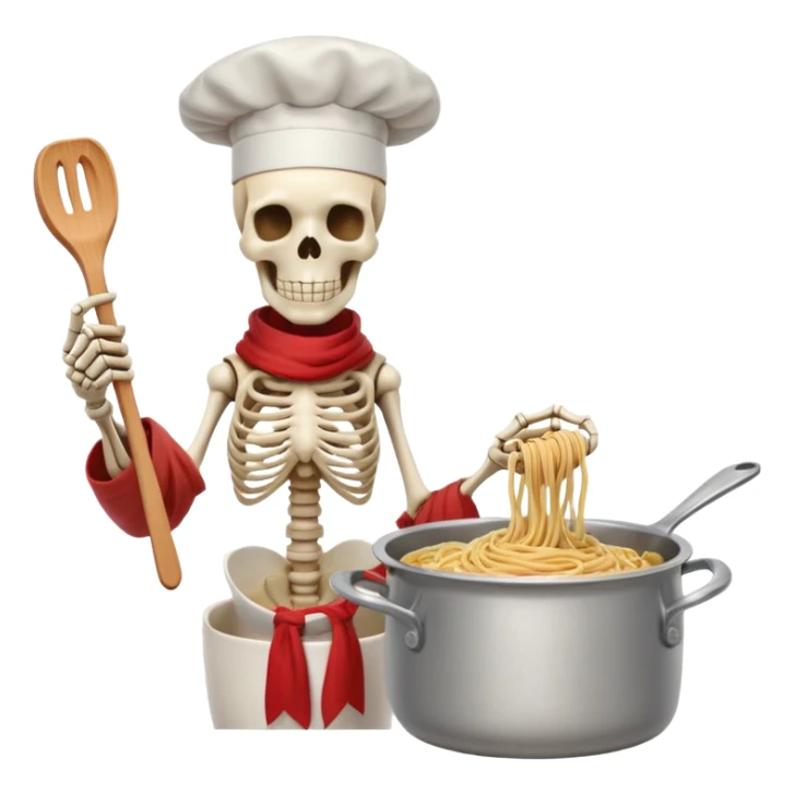 Papyrus from Undertale cooking spaghetti, tall skeleton with red scarf and white armor, enthusiastically stirring pasta in a pot, chef hat sticker