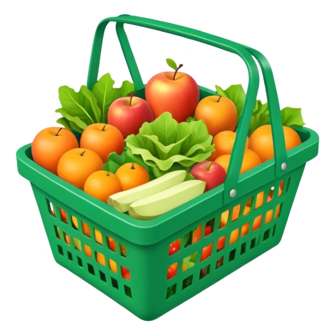 green grocery basket filled with groceries, isometric 3d realistic, colorful sticker