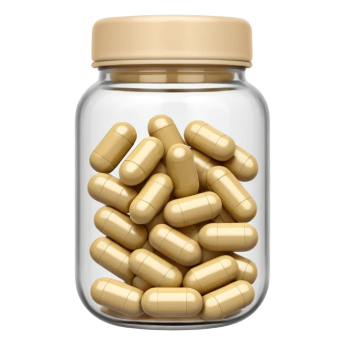 Beige supplement capsules in a small glass jar, pastel background sticker