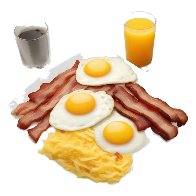 white plate with strips of bacon, eggs cooked sunny side up, diced potato hash browns, sausage links with a bowl of fruit as a side and a large glass of orange juice sticker
