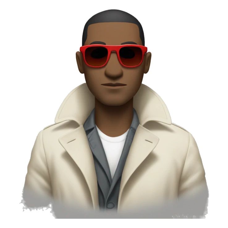 <excerpt>
A white man with real buzz cut Black hair, short mutton shops donning small red tinted sun glasses in a dirty white trench coat, is serious.
</excerpt> sticker