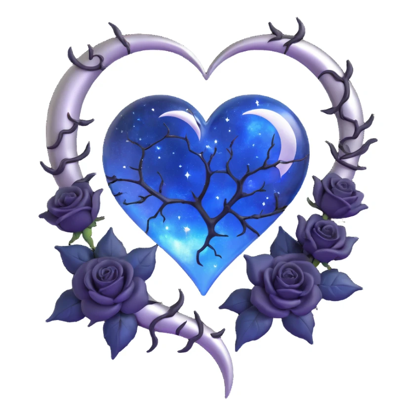 gothic heart, midnight blue glass, silver crescent moon, black roses, stardust, lightning, rain, cracked glass, holographic style sticker