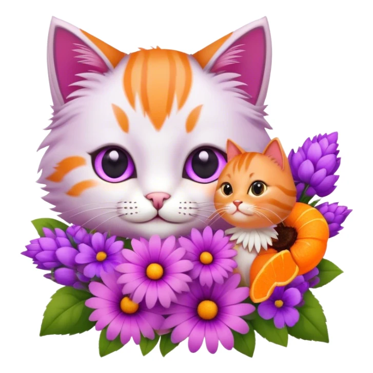 Pink and purple flower bouquet next to a cute cat sticker