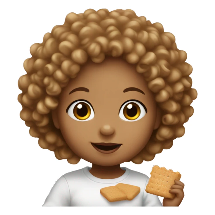 A white baby girl with curly hair eating a graham cracker sticker