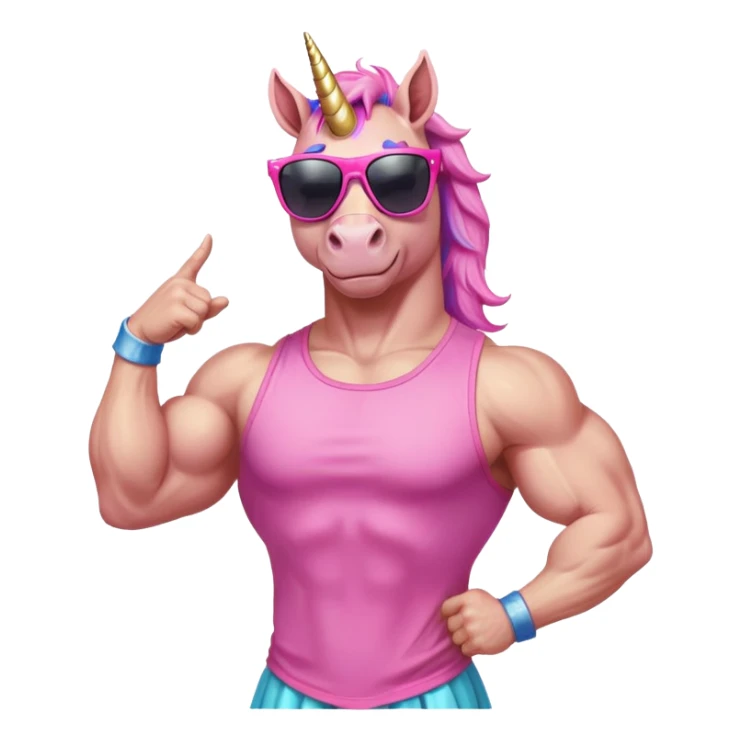 friendly anthropomorphised masculine unicorn with horse-like face, muscular bodybuilder build, in tutu and pink t-shirt, wearing dark sunglasses, standard pose, close-crop head and shoulders portrait sticker