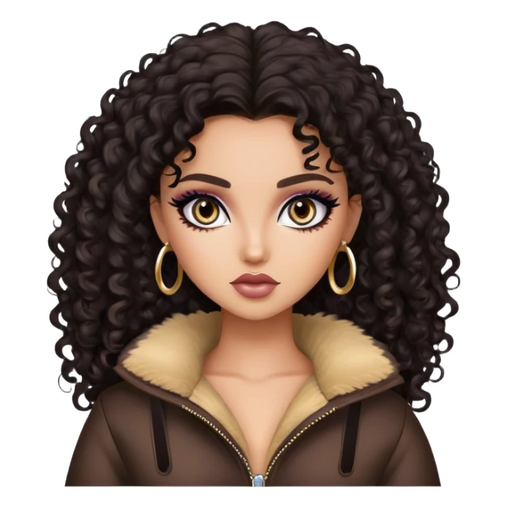 dark curly hair, pretty eyes, pretty makeup, pretty bratz baddie sticker