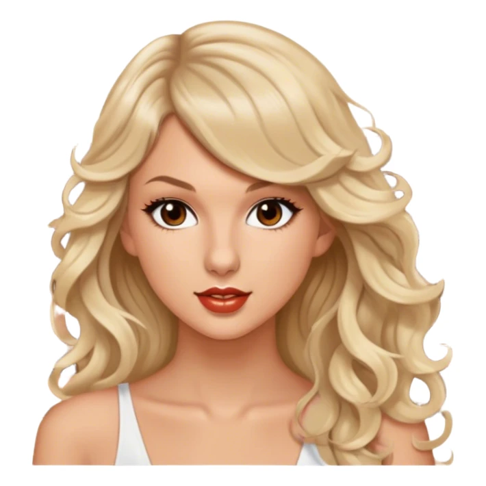 Blonde model with brown eyes, long wavy hair, Taylor Swift concert sticker