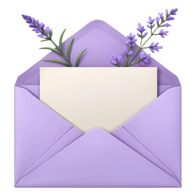 Pastel light whitish purple envelope with some white papers, and lavender flowers laying on top  sticker