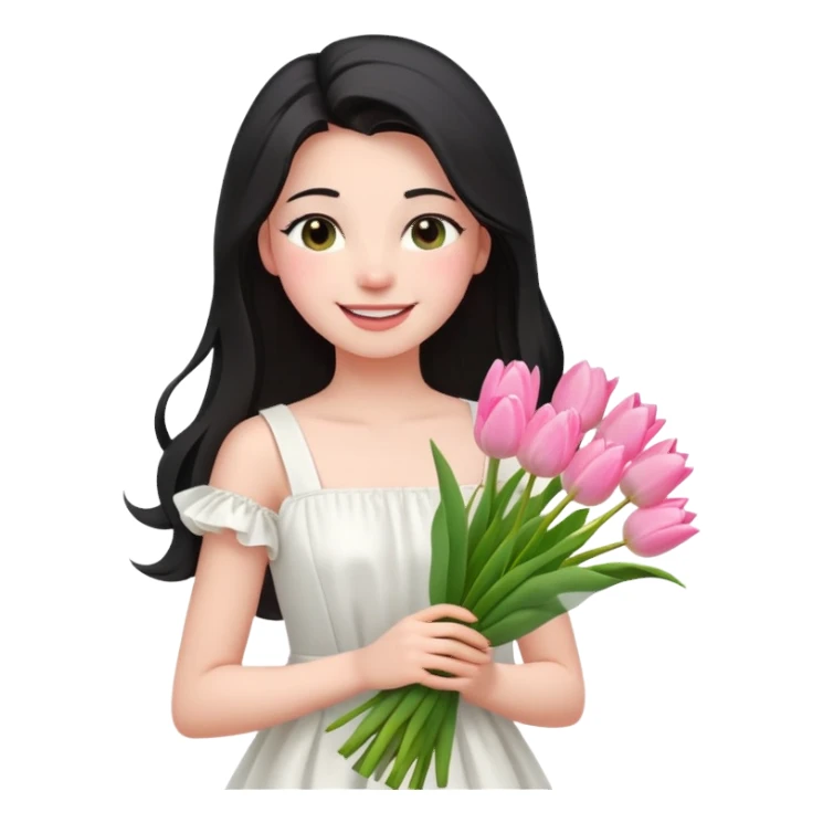  A girl Squint your eyes and smile with a black half-up half-down hairstyle, and a white dress, enjoying the spring breeze.Holding a bundle of pink tulips sticker