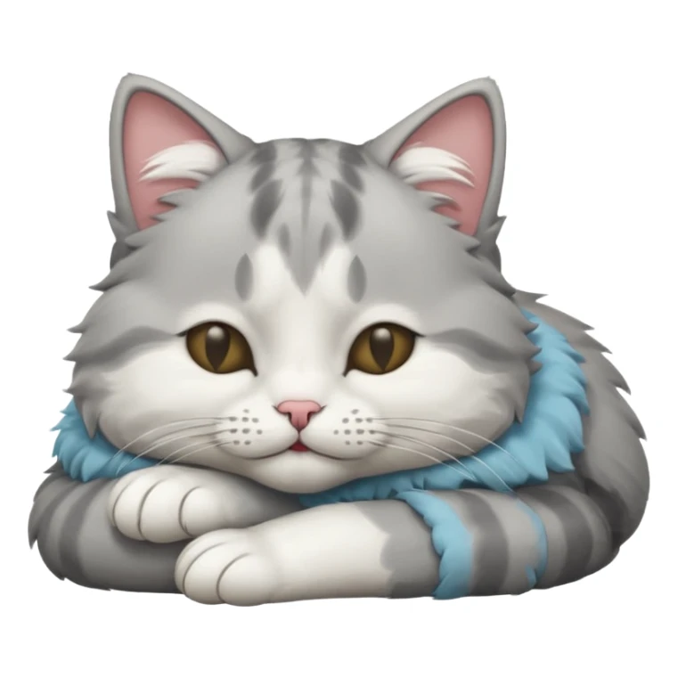 grey and white small cat with eyes closed lying down with its head resting own paw sticker