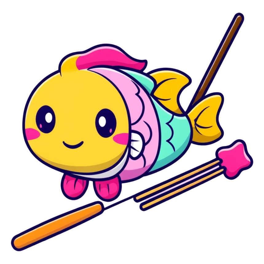 A cute arrangement of fish cake with pink swirl, rice cracker, and tri-colored dango skewer as a Japanese snack trio sticker