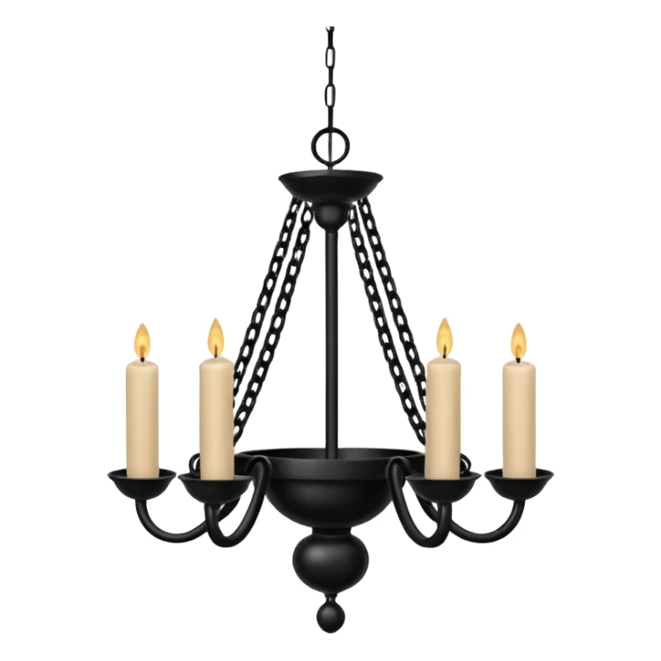 Simple minimalistic hanging wide chained black Ceiling chandelier with beige-white candles sticker