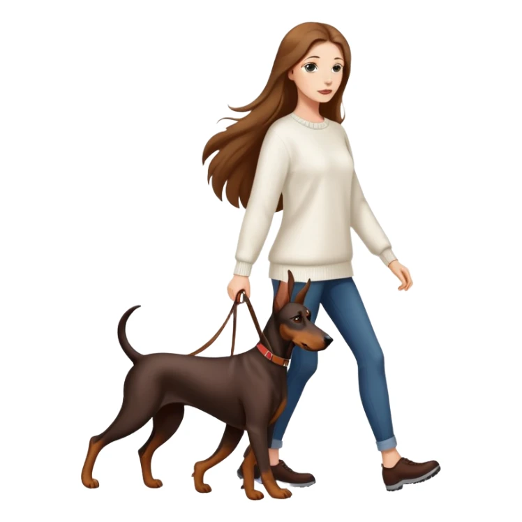 A beautiful long-haired white woman wearing a white sweater walking a Doberman sticker