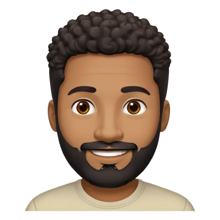 Caribbean man in his early 40s with medium brown complexion. Round friendly face. Energetic expression with wide smile. Cheerful dark eyes. Thick eyebrows. Wide nose. Well-groomed full black beard. Short curly black hair with faded sides. Wearing a cream colored casual shirt. sticker