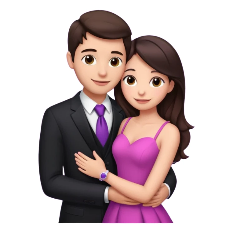 Brunette girl, with an engagement ring on her finger hugging a handsome man, (her boyfriend) both of them happy, she’s wearing a pink dress, he is wearing a black suit, he’s also a rich businessman, and there is the 💜 purple heart emoji on top. They look in love with each other.  sticker