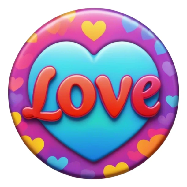 A round psychedelic colored button with bezeled edges and the word love sticker