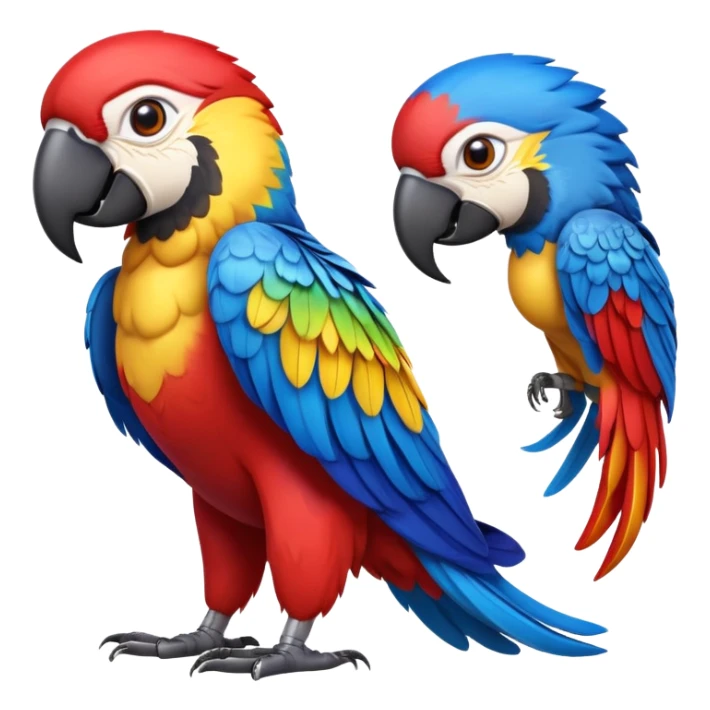 cinematic-macaw-realistic-full-body-standing-emoji,-vibrant-feathers-glowing-with-rich-reds,-blues,-and-yellows,-head-tilted-dramatically,-curved white-beak-gleaming,-piercing-dark-eyes-exuding-confidence,-simplified-yet-realistic-focused sticker