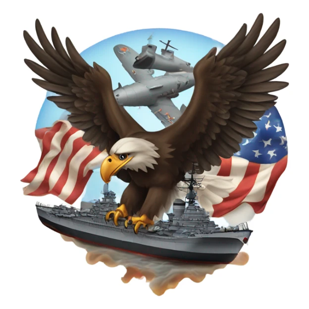 A traditional American tattoo of an flying eagle with a world war 2 battleship  sticker