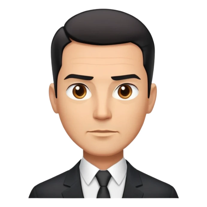 Good-looking robust man in his 40s with light brown skin tone, short slicked back straight black hair with fade haircut, strong square face, approachable TV host expression, black blazer with white buttoned shirt sticker
