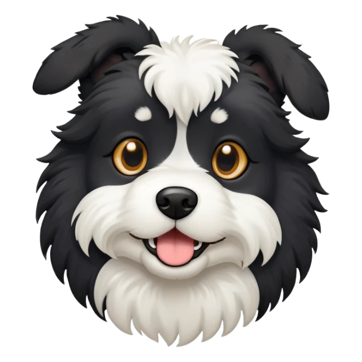 Black fluffy dog with floppy ears and white chest sticker