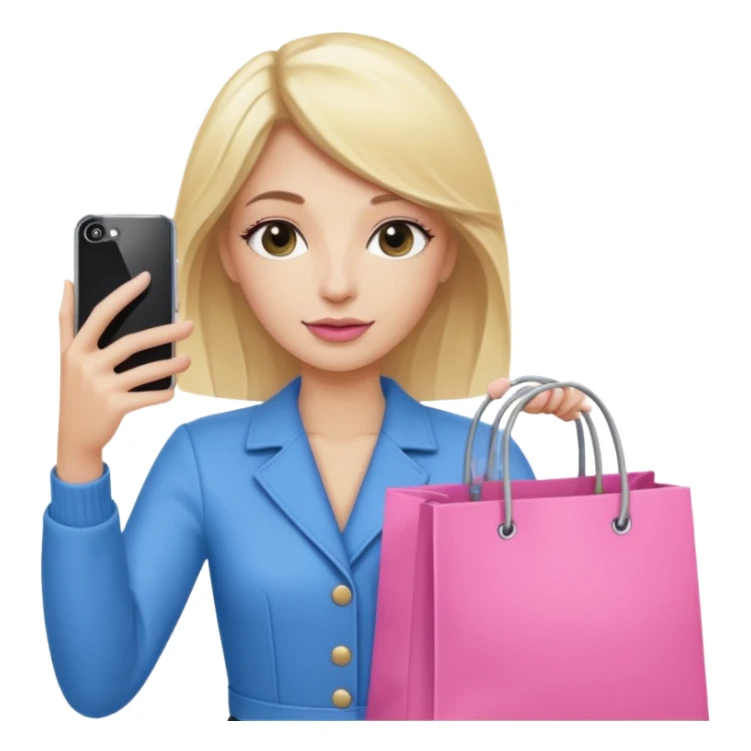 Blond influencer taking selfie with an iphone with one hand and a pink shopping bag in the other hand sticker