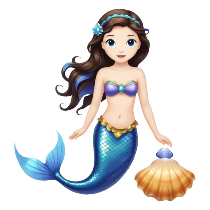Brunette mermaid with blue tail and mermaid accessories. Holding seashell sticker