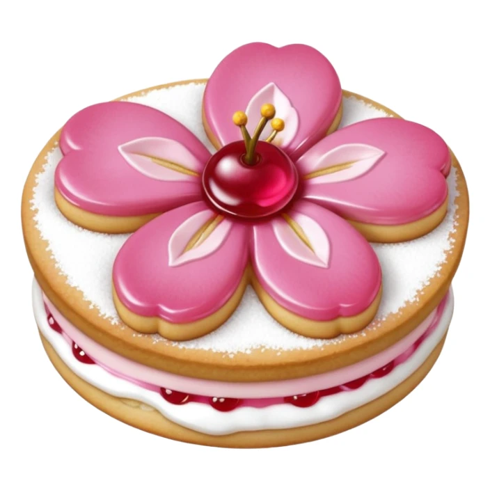 Realistic shortbread cookie in the shape of a cherry blossom with pale pink color jelly middle filling and sprinkled powder sugar on top. sticker