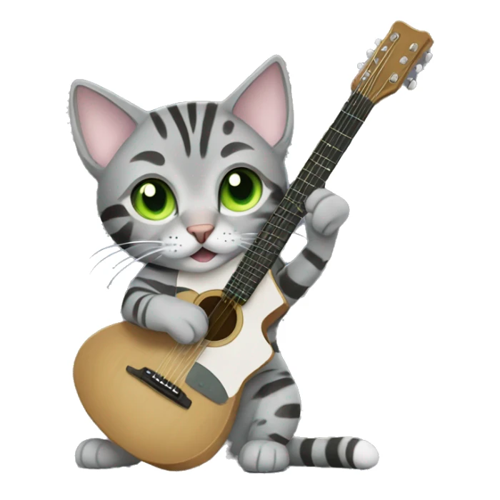 Grey bengal cat with light green eyes playing a guitar sticker