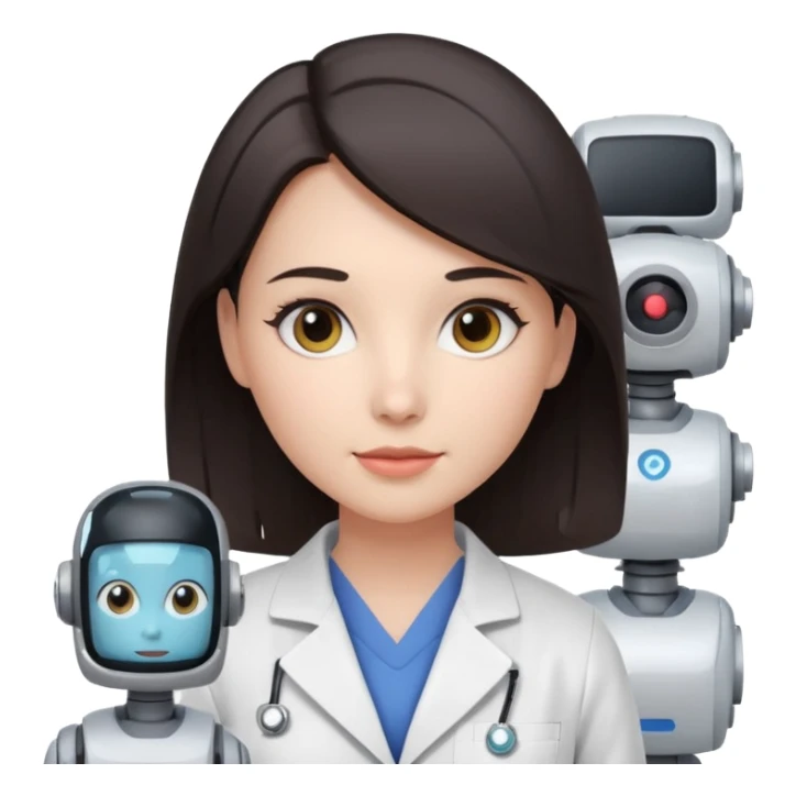 female AI robotics engineer with dark hair, and mobile robot near sticker