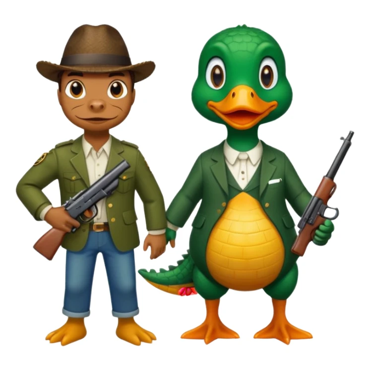 Alligator and a duck holding a gun sticker