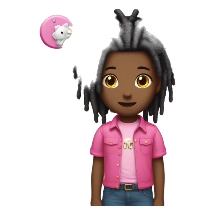Black, dreads with pink shirt and pink accessories with hello kitty sticker