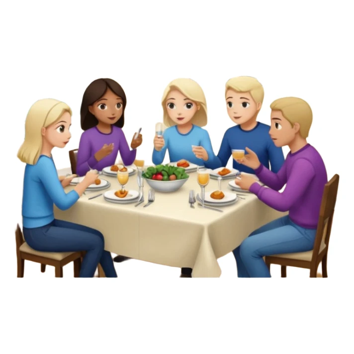 group at dinner table with a girl on sofa talking in a home sticker