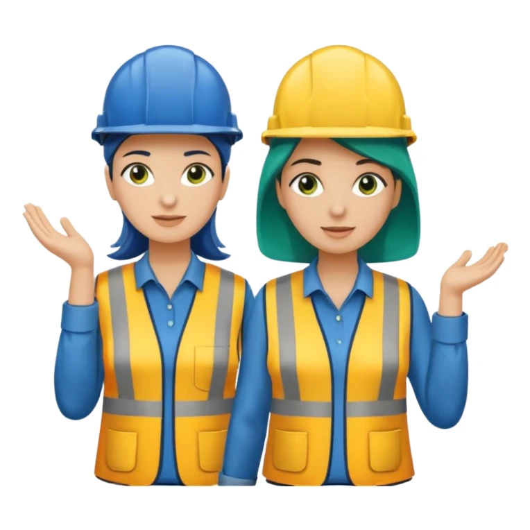 Um homem e uma mulher amarelos com capacete de obras ambos azul escuro e camisa social cinza com faixas refletivas verdes nos braços, Um deles deve estar segurando um megafone sticker