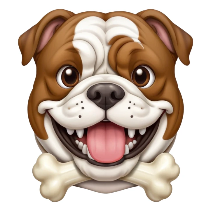 Brown brindle English bulldog with silly teeth and white stripe on face make him have a bone in his mouth sticker