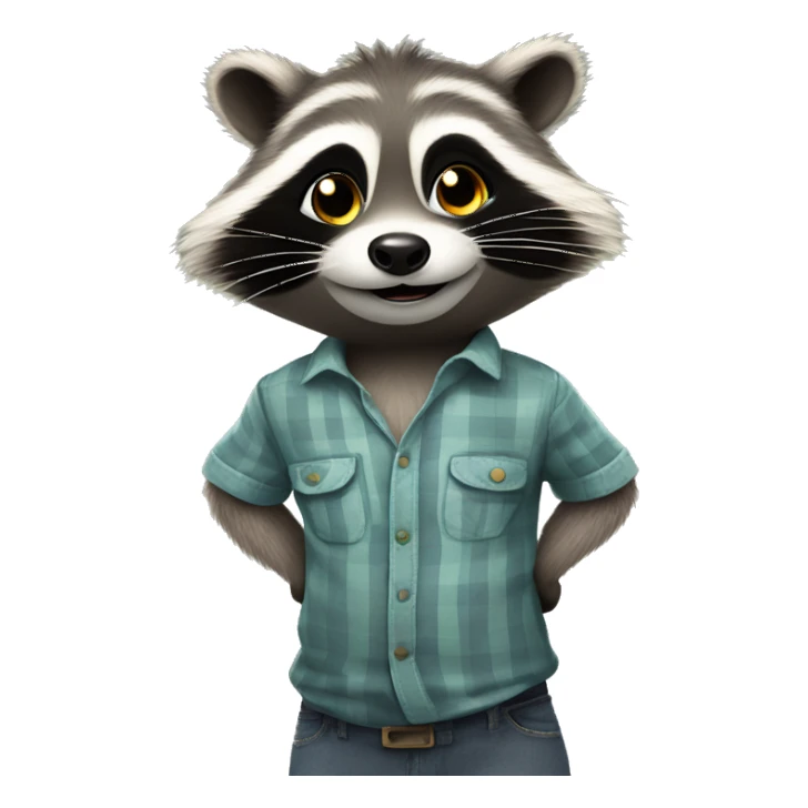 Happy Racoon in a shirt stands in full growth, stares up and thinks about difficult question sticker