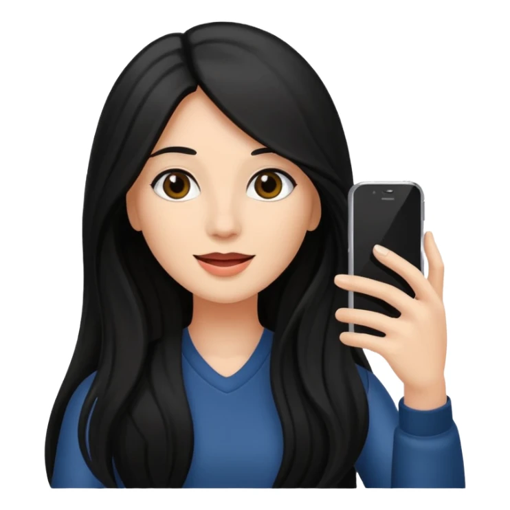 black long haired woman holding her phone having selfie sticker