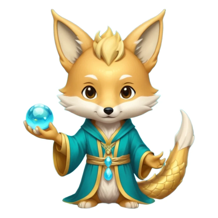 Chibi teal fox with gold mark on forehead, teal-gold robe, holding glowing blue water orbs, with a dragon tail on its backside with small antler horns on its head sticker