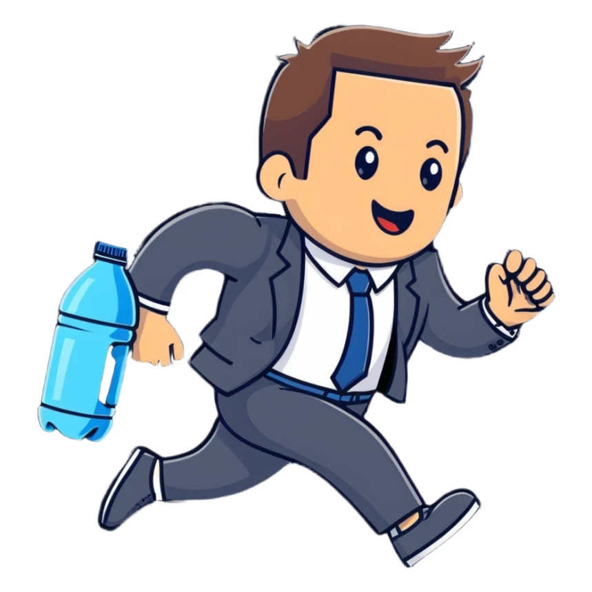 Businessman running a marathon in a suit with a water cooler sticker
